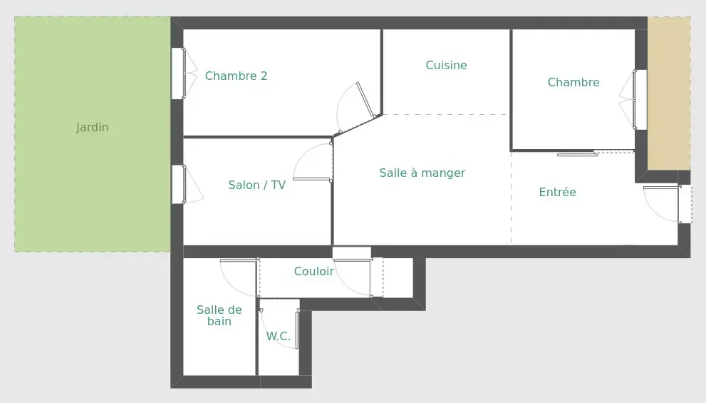 Plan de l'appartement : deux chambres, salon, cuisine, salle à manger, salle de bain, WC et jardin